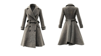 Stylish gray wool coat with double breasted design, featuring belted waist and classic collar. Perfect for cold weather and adding elegance to any outfit. 