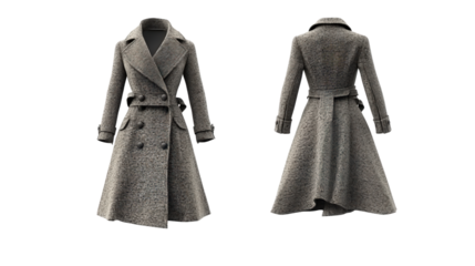 Stylish gray wool coat with double breasted design, featuring belted waist and classic collar. Perfect for cold weather and adding elegance to any outfit. 