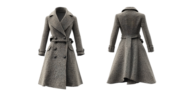 Stylish gray wool coat with double breasted design, featuring belted waist and classic collar. Perfect for cold weather and adding elegance to any outfit. 