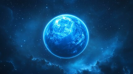 Fototapeta premium A stunning blue planet surrounded by cosmic clouds, capturing the beauty of the universe in deep space.