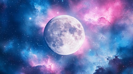 Fototapeta premium A stunning view of the full moon surrounded by vibrant cosmic colors and swirling nebulae in the night sky.