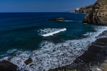Playa de Castro, tall palm trees, banana trees, black volcanic sand, landscape of the coast of Tenerife,