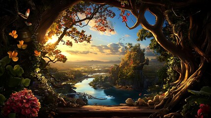 Fototapeta premium A mystical tree frames a serene river, as mountains and the setting sun create a dreamlike view.