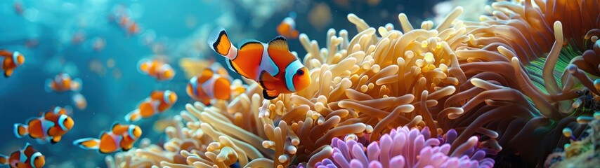 Vibrant underwater scene featuring clownfish swimming among colorful coral reefs and sea anemones in a tropical ocean.