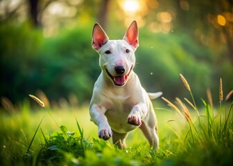 Vibrant afternoon sunlight illuminates the wrinkled skin of a playful miniature bull terrier as it frolics joyfully in a lush green outdoor setting, exuding innocence.
