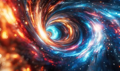 Vivid cosmic vortex of swirling colors in deep space, blending bright blues, reds, and oranges, depicting a mesmerizing galactic phenomenon.