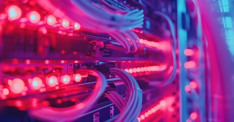 Futuristic server room with illuminated cables in red and blue hues, showcasing advanced technology and data processing concept