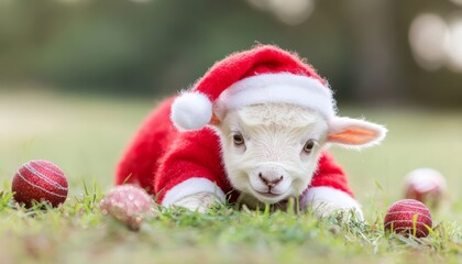 Obraz premium A cute baby lamb dressed in a tiny Santa suit, happily chewing on fresh green grass, with holiday decorations scattered around the peaceful meadow.