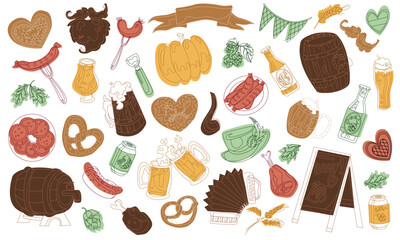Oktoberfest food and symbols collection. Beer, hat, meat, flag, hot dog, sausages, pumpkin etc. Vector colored icons with outline on white background