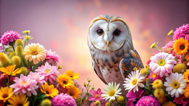 Stylish owl sitting among vibrant flowers on a soft pink background, Owl, flowers, stylish, colorful, vibrant, nature