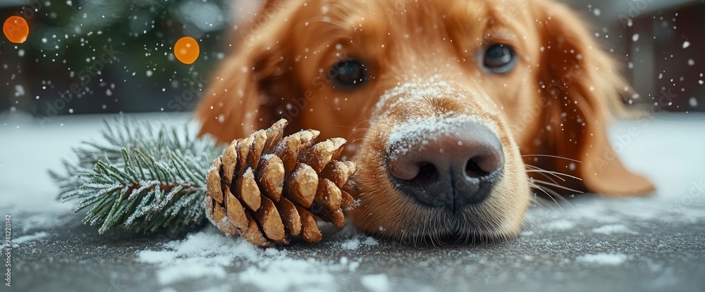 Poster golden retriever dog resting in snow with pine cone