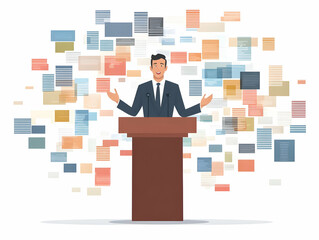 Fototapeta premium Flat Politician Giving Speech in Word Cloud Concept - Medium Shot of Politician Gesturing Surrounded by Campaign Key Phrases in Soft Bokeh Background