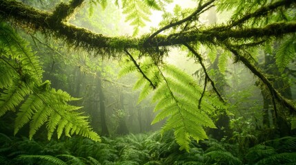Obraz premium A calming forest setting with moss-draped branches reaching across the frame, surrounded by ferns and soft green leaves in the cool morning light.
