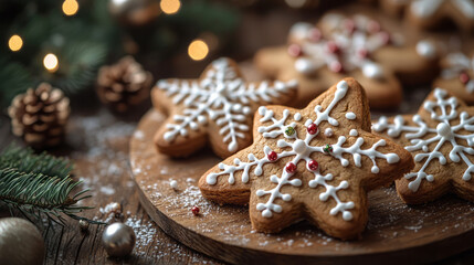 A close-up of beautifully decorated gingerbread cookies shaped like Christmas trees and snowflakes, covered in white icing and colorful sprinkles,