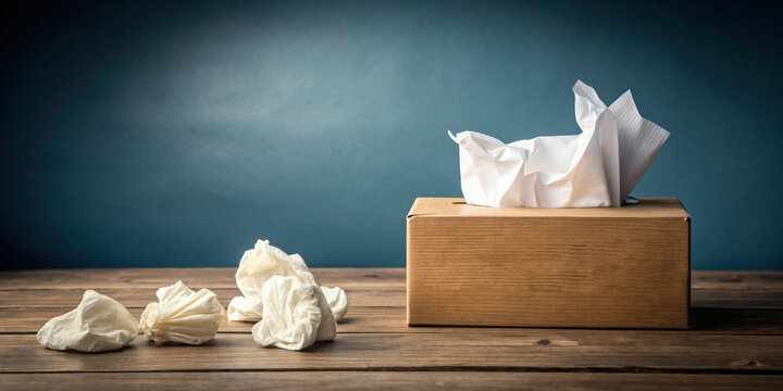 Cold and flu concept with a tissue box and crumpled tissues , sickness, illness, seasonal, virus, germs