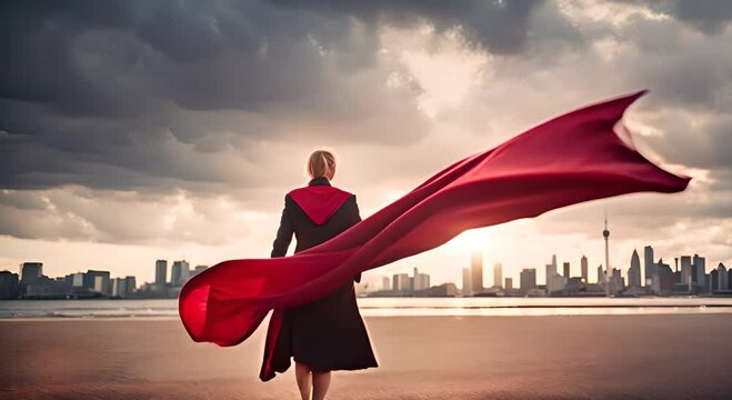 Businesswoman with superhero cape.