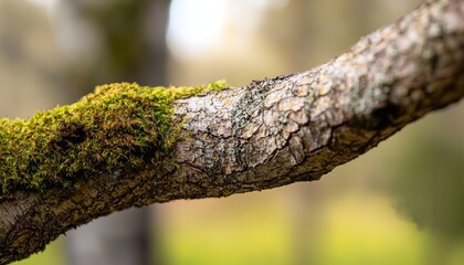 Obraz premium A close-up of a rough tree limb, covered in moss and bark textures, blending naturally with the soft earthy tones of the forest around it.