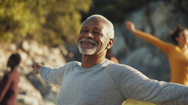 Elderly african-american man is doing yoga outdoors with his fitness group, extending his arms