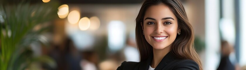 Fototapeta premium Smiling woman in a professional setting, showcasing confidence and positivity, ideal for business and marketing themes.