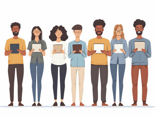 Fototapeta premium Flat Voters Analyzing Candidate Fact Checks: Insightful Wide Shot Illustrating Information Integrity in Elections with Diverse Reactions�Vector Illustration