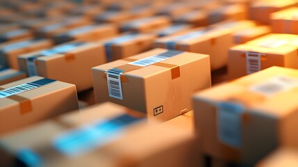 Obraz premium Stacked Logistics Parcels with Barcodes Ready for Warehouse Dispatch
