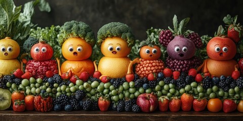 The whimsical charm of a city where animated fruits and vegetables with eyes bring joy and wonder to the streets