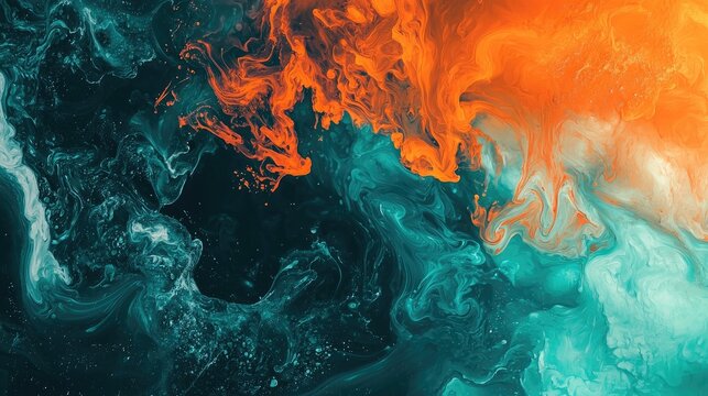Create an artistic computer wallpaper with floating colors of orange and teal. Make it in 5k resolution ultra realis