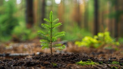 A small pine tree sapling growing in the forest.