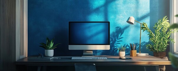 A modern workspace featuring a computer, plants, and a stylish lamp against a blue wall, perfect for creativity and productivity.