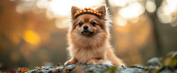 Obraz premium Cute Pomeranian Dog Wearing a Crown of Autumn Leaves in a Forest