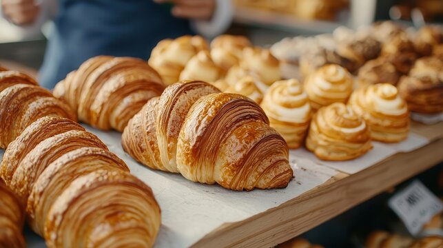 Artisan coffee stall in a morning market, fresh pastries and croissants on display, food market street food, coffee shop advertising