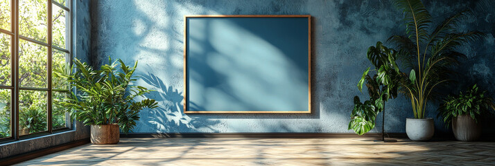 A large, empty frame hangs on a blue wall, flanked by potted plants.