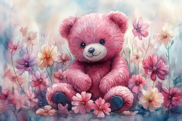 Fototapeta premium whimsical watercolor nursery art featuring an adorable teddy bear surrounded by pastel flowers creating a dreamy and soft background perfect for a childs room