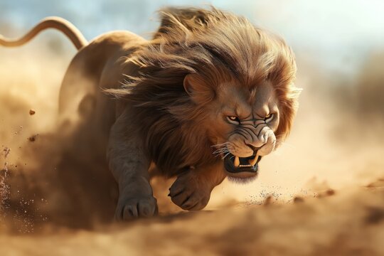 Powerful image of a fierce lion in mid-charge, capturing its intense expression and dynamic movement as it kicks up dust in the savannah landscape.