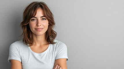 Fototapeta premium Young woman exudes a confident and approachable demeanor as she smiles subtly with her arms folded