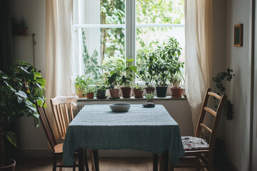 a cozy Scandinavian kitchen nook featuring a minimalist dining table, soft wool textiles, and an abundance of natural light. Incorporate light wood enhance the nostalgic feel of the space.