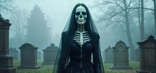 A ghostly figure with a skeletal face and a flowing dark gown stands still in a fog-laden cemetery. Surrounding gravestones enhance the eerie feeling of this haunting scene, shrouded in mist.