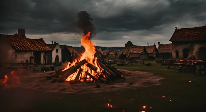 Bonfire in a medieval village.