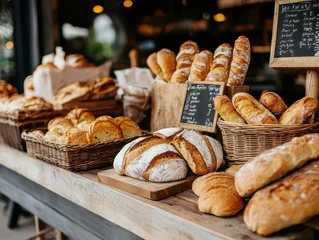Zelfklevend Fotobehang Traditional food market stall selling freshly baked bread and pastries, food market, bakery advertising concept ©  Green Creator
