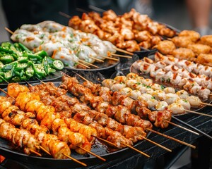 Busy night market with skewers, dumplings, and spicy stir-fries, food market street food, Asian street food advertising