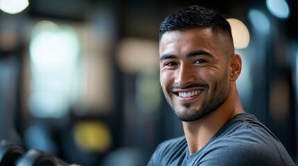 Fototapeta premium Smiling hispanic man working out at the gym, exuding energy and confidence while lifting weights. Embracing an active lifestyle and committed to fitness goals