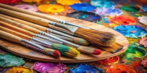 Obraz premium Paint brushes of various sizes laid on top of a colorful palette , art supplies