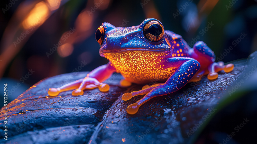 Poster a close-up of a glowing frog resting on a large leaf, surrounded by the quiet sounds of the jungle,