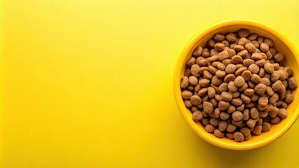 Fototapeta premium Dry cat food in a yellow bowl, cat, food, dry, pet, feline, meal, bowl, yellow, kibble, nutrition, granules, crunchy, diet