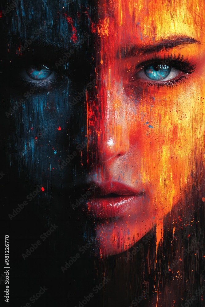 Poster a realistic face, half of it dissolving into digital pixelation, while the other half remains sharp 