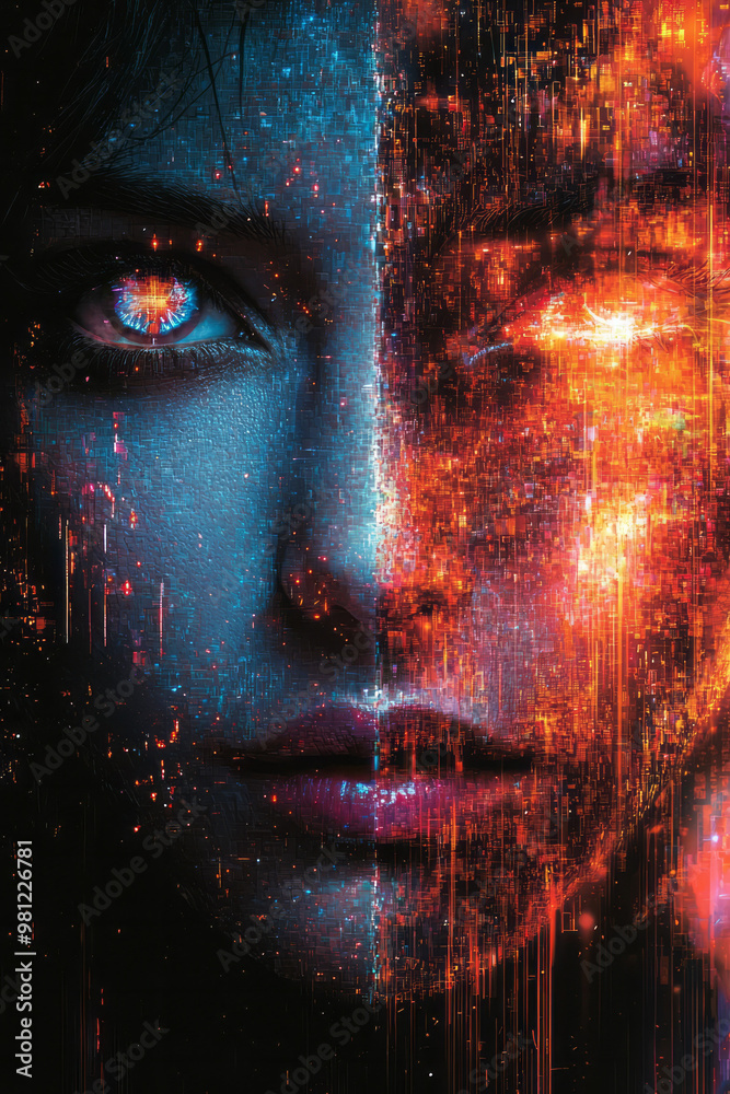 Poster a realistic face, half of it dissolving into digital pixelation, while the other half remains sharp 
