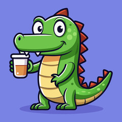 Download Cute Crocodile Drinking Coffee Cartoon Vector  Eps File For Design.