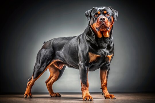 Powerful and intimidating Rottweiler dog stands proudly alone on a transparent background, showcasing its muscular build, distinctive coat, and intense gaze.