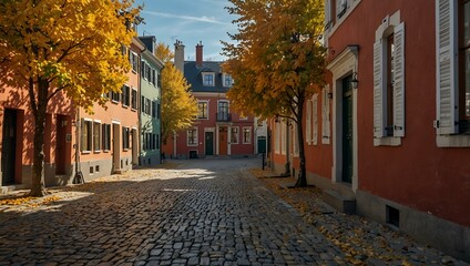 Charming cobblestone alley with colorful historic houses and trees on a sunny autumn day.