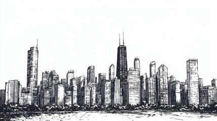 Hand-drawn sketch of a city skyline with tall buildings.